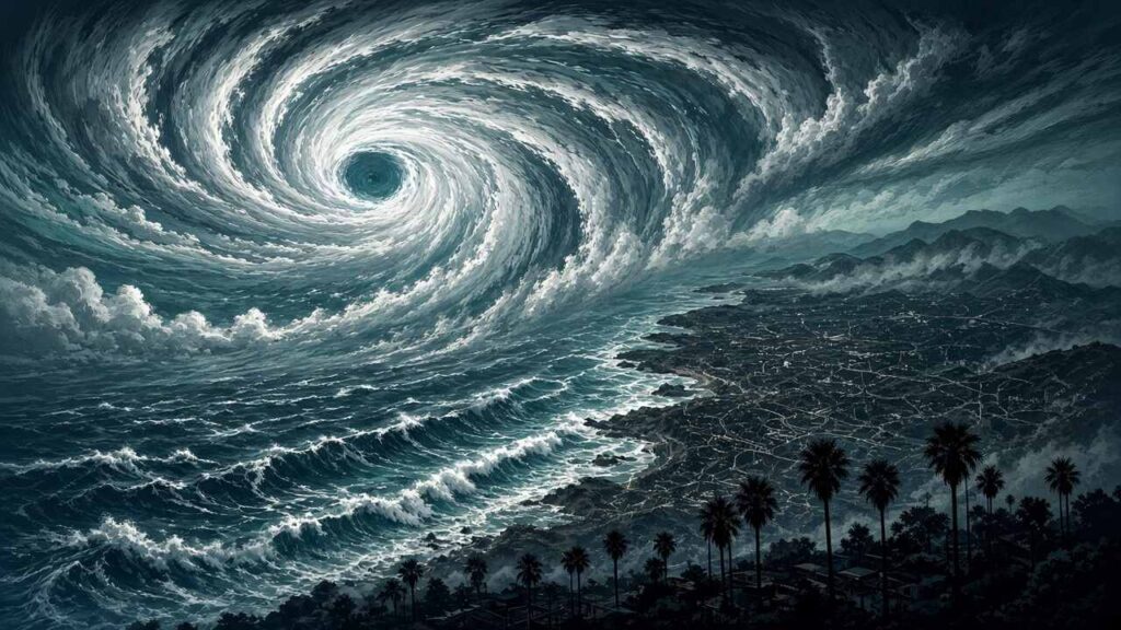 Editorial comic of Hurricane Polo approaching Southern California