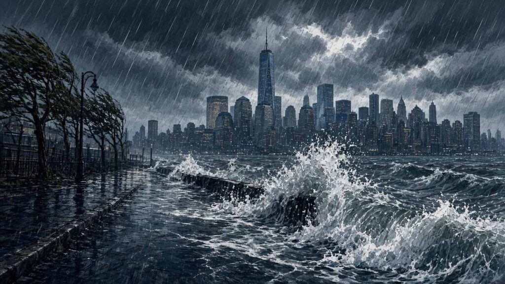 Editorial comic of Nor'easter storms flooding East Coast