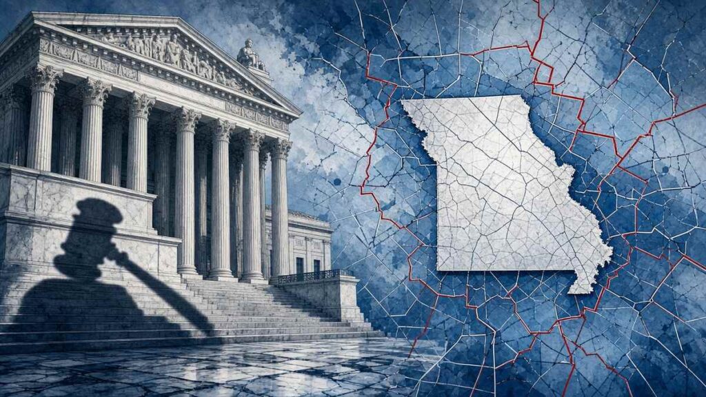 Editorial comic of Supreme Court and Missouri redistricting map