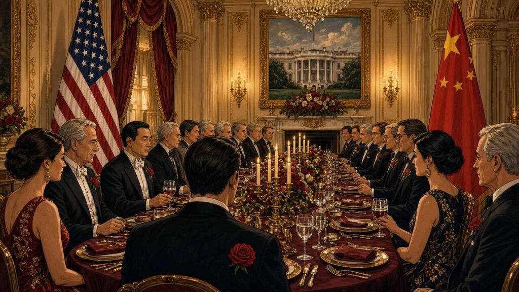 Editorial comic of Trump and Xi at White House state dinner