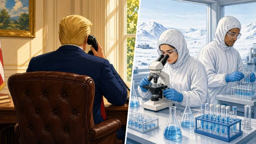 Comic: a president on the phone in his office, scientists testing samples in a lab